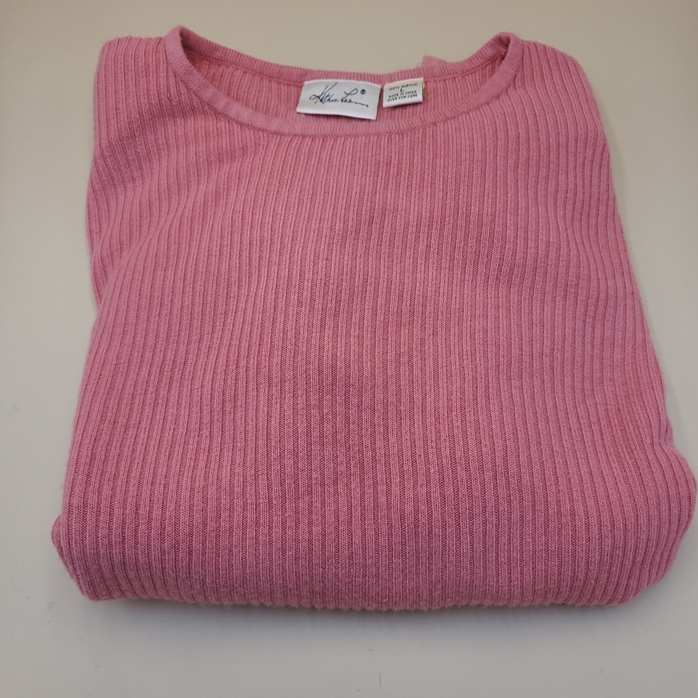 Kathie Lee Womans Sweater Ribbed Knit Vintage Light Pink Shoulder Pad Sz L Y2k